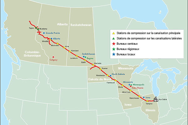  Cette carte montre le tracé du réseau pipelinier d’Alliance en Amérique du Nord, avec bureaux centraux et régionaux ainsi que stations de compression sur les canalisations, principale et latérales.