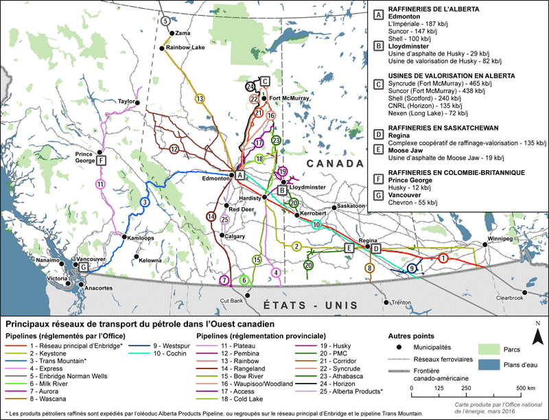 La carte montre les réseaux de transport du pétrole dans l’Ouest canadien, dont les réseaux ferroviaires et les principaux pipelines (réglementés par l’Office ou les provinces). On y voit aussi l’emplacement des raffineries et des usines de valorisation de la région. On notera l’importance des carrefours d’Edmonton et de Hardisty sur la carte, points d’arrivée par pipelines du pétrole provenant du nord de l’Alberta et points de départ aussi par pipelines (généralement plus gros) du pétrole les autres provinces et les États Unis. On compte huit raffineries dans l’Ouest canadien, mais la plus grande partie de la capacité de production est concentrée à Edmonton, Regina et Vancouver. Deux de ces raffineries produisent principalement de l’asphalte à partir de pétrole lourd. La raffinerie de Moosejaw est aussi un centre de valorisation du pétrole lourd; on trouve six usines de traitement du pétrole à Fort McMurray et Llyodminster.