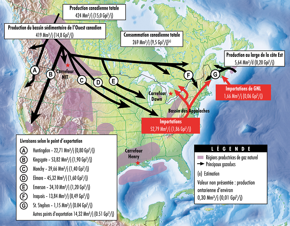 Cette carte donne un aperçu de l’approvisionnement en gaz naturel au Canada et de son utilisation en 2015