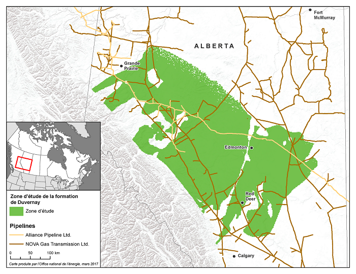 Cette carte illustre la zone d’étude de la formation schisteuse de Duvernay en Alberta. La formation longe les contreforts, sous le sol, entre Grand Prairie et la région au sud de Red Deer. Les pipelines appartenant à Alliance Pipeline Ltd. et NOVA Gas Transmission Ltd. sont superposés sur la carte.