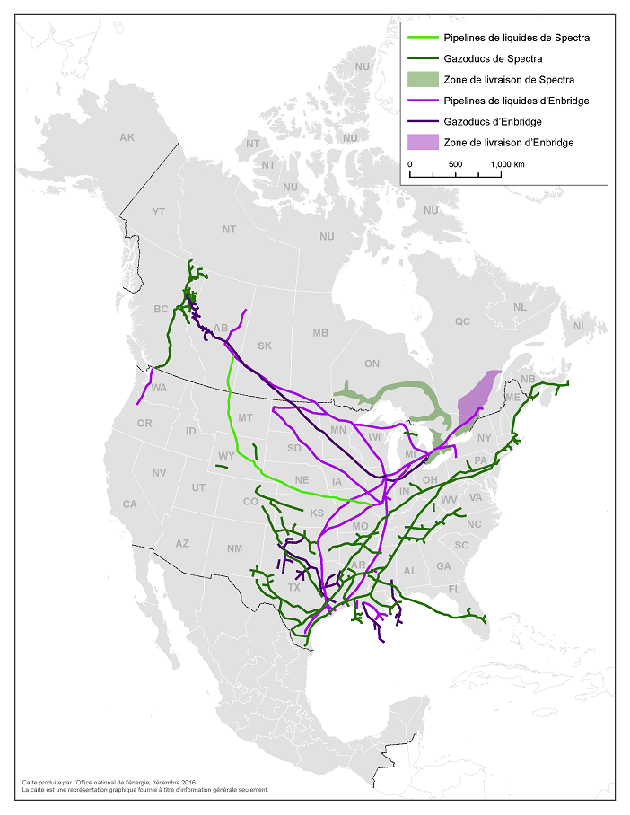 Cette carte du Canada, des États-Unis et du Mexique montre les pipelines et les zones locales de distribution de gaz d’Enbridge et de Spectra. Les pipelines d’Enbridge se trouvent au Canada et aux États-Unis; ses zones locales de distribution de gaz, dans l’Est de l’Ontario et dans la région sud-ouest du Québec. Les pipelines de Spectra sont surtout situés aux États-Unis et en Colombie-Britannique, alors que sa zone locale de distribution de gaz est en Ontario. Cette carte est une représentation graphique fournie à titre d’information générale seulement.