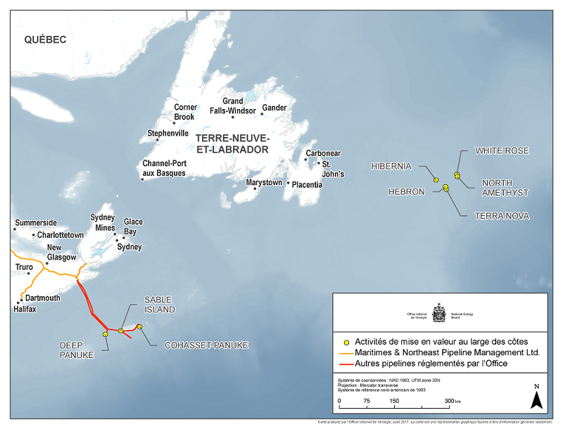 Cette carte illustre l’emplacement des gisements extracôtiers mis en valeur dans la région du Canada atlantique, dont trois au large de la Nouvelle-Écosse, soit Deep Panuke, île de Sable et Cohasset-Panuke, ainsi que cinq à proximité de Terre-Neuve-et-Labrador qui sont, d’est en ouest, Hibernia, Hebron, Terra Nova, White Rose et North Amethyst. Sur la terre ferme apparaît une partie du réseau de Maritimes & Northeast Pipeline Management Ltd. (« MNP ») en Nouvelle-Écosse, lequel est relié à d’autres pipelines réglementés par l’Office national de l’énergie au départ des gisements mis en valeur au large de cette province.