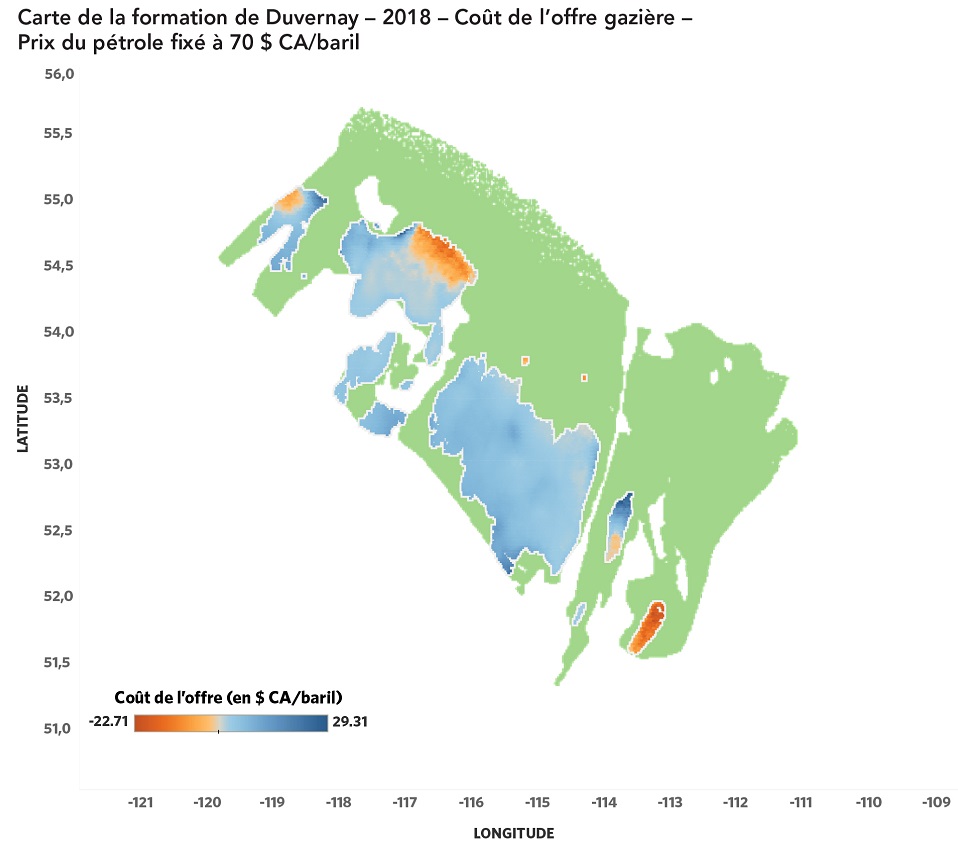 Carte transposant graphiquement les coûts de l’offre pour les ressources gazières commercialisables de la formation schisteuse de Duvernay dans la zone d’étude