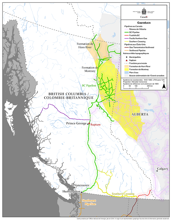 La carte illustre le tracé des gazoducs BC Pipeline d’Enbridge et Southern Crossing de FortisBC, en plus d’indiquer d’autres points pertinents.