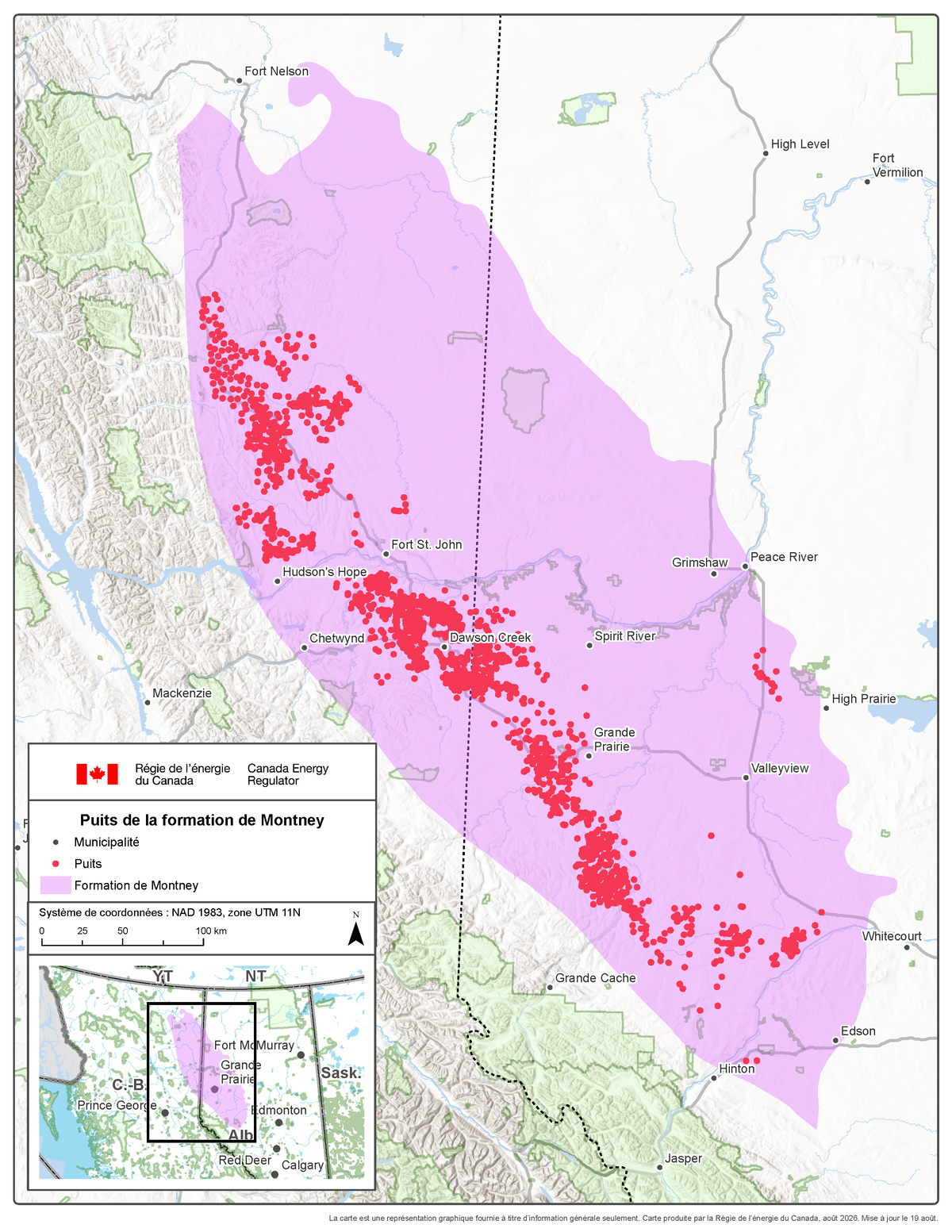 Zone de la formation de Montney et puits de gaz naturel forés de 2005 à 2025