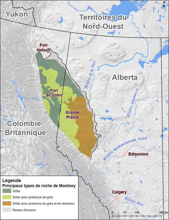 Figure 1. Carte générale illustrant l’emplacement de la formation de Montney dans la subsurface de l’Alberta et de la Colombie-Britannique. Modification de la carte du Geological Atlas of the Western Canada Sedimentary Basin