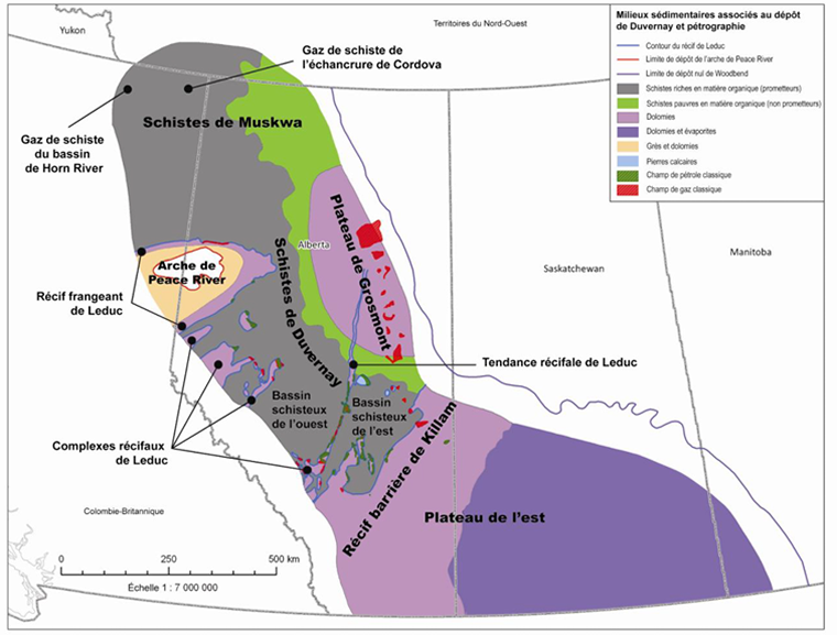 Figure 2 – Emplacement des récifs, des plateformes carbonatées et des bassins durant l’apparition des dépôts de schiste de Duvernay