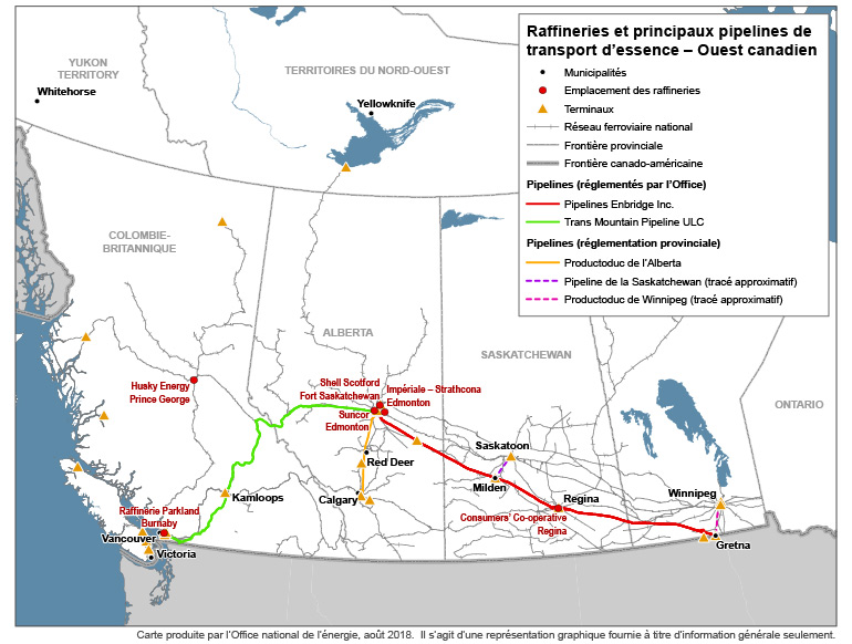 Figure 5 : Raffineries et principaux pipelines de transport d’essence dans l’Ouest canadien