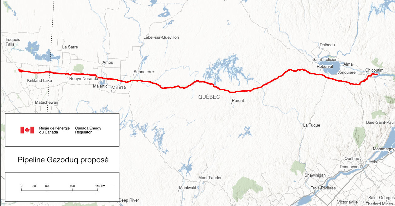 Carte montrant le tracé proposé du pipeline Gazoduq.