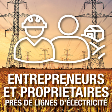 Pictogramme entrepreneurs et propriétaires superposé à une image illustrant un champ de blé doré et des lignes de transport d’électricité – Entrepreneurs et propriétaires près de lignes d'électricité