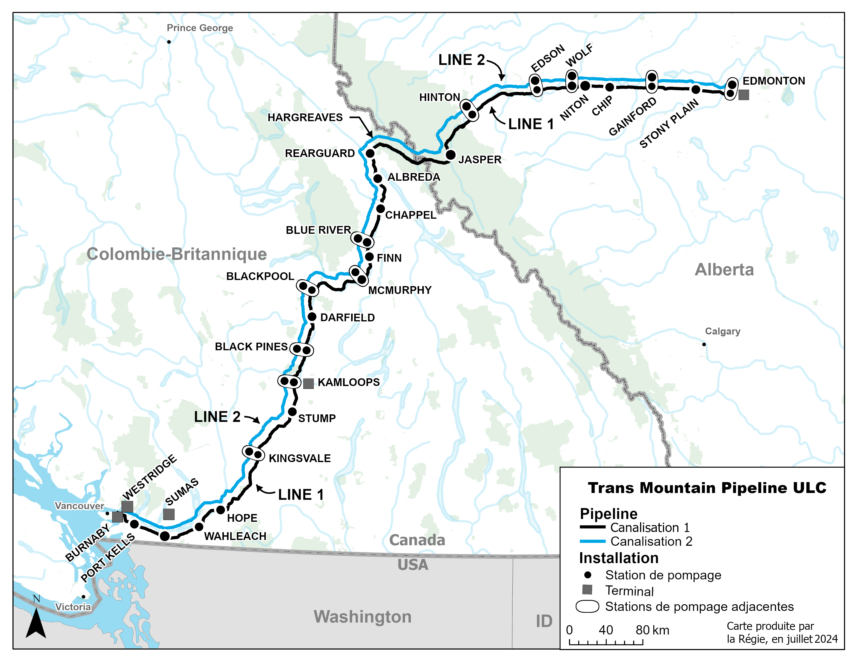 Figure 1. Carte des canalisations 1 et 2 de Trans Mountain Pipeline ULC