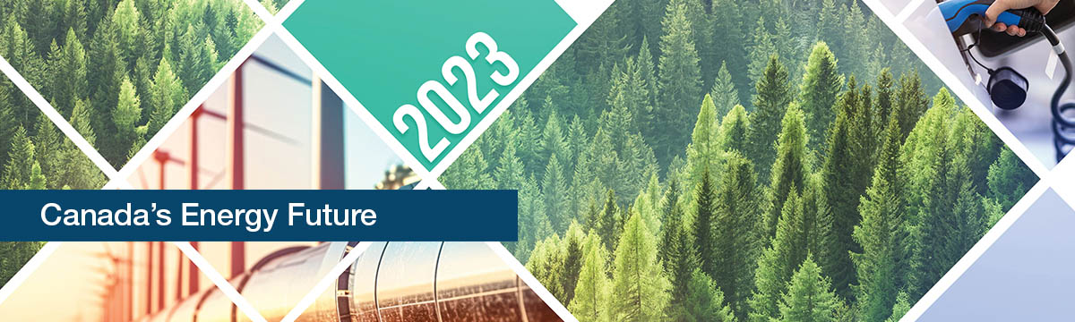 Canada’s Energy Future banner with trees, a hydrogen pipeline with windmills, and an electric vehicle being charged